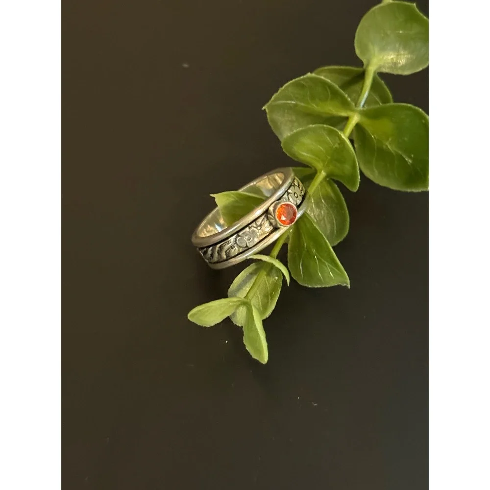 Sterling Silver 925 Floral Spinner Ring Orange Red Stone Boho Meditation Band 10